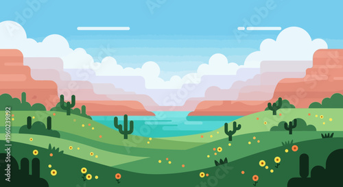 Vibrant Desert Oasis Landscape with Cacti, Wildflowers, and Canyon Backdrop