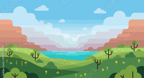 Vibrant Desert Oasis Landscape with Canyon, Lake, and Green Hills