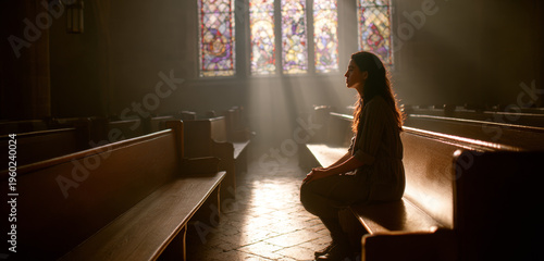 A woman in a modest dress sitting alone on a wooden pew inside a church with stained glass windows casting colorful light on the interior