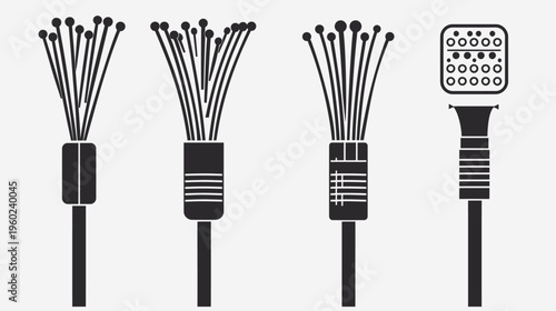 Silhouetted illustration of varied cable connectors, each with bundled strands and different end types