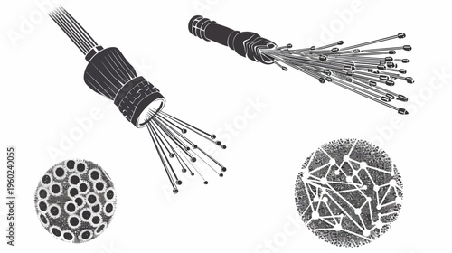 Abstract black and white illustration of scientific or technological devices and structures