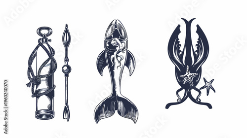 Three stylized, dark blue-ink illustrations on a white background diving gear, sea creature & abstract design