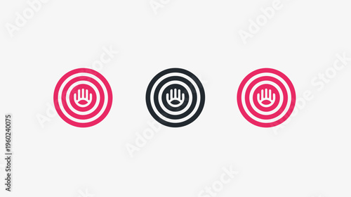 Three circular emblems featuring a stylized hand within concentric circles of varying colors