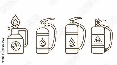 Line art illustration of various fire safety equipment, including a lighter and fire extinguishers