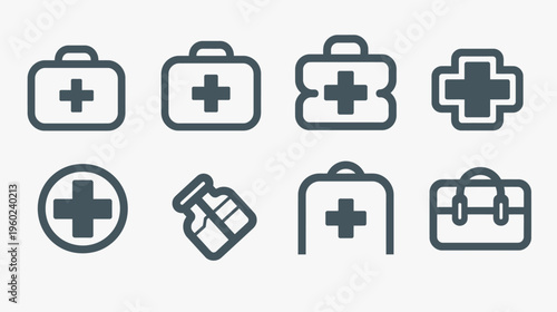 Collection of various medical icons, including first aid kits, crosses, and medicine vials