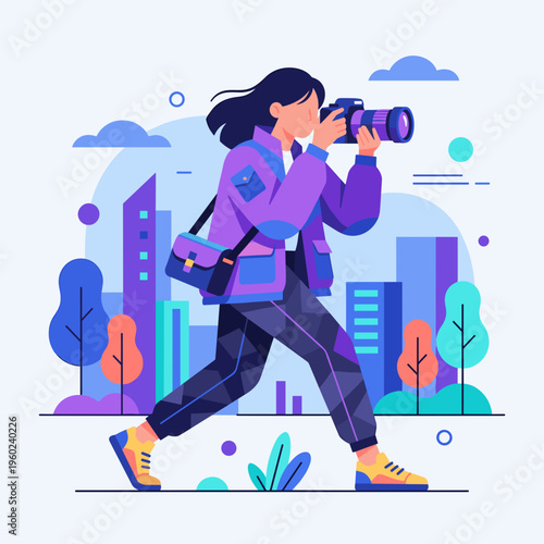 A passionate female photographer walks through a vibrant cityscape, holding a large camera with a telephoto lens, capturing urban moments and expressing her love for photography.