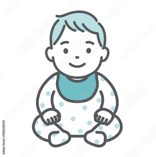 お座りしている赤ちゃんのイラスト（スタイ・ロンパース姿）