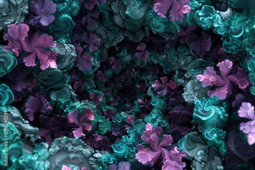 A vibrant fractal design featuring intricate swirling patterns in teal and purple, creating a mesmerizing, tunnel-like visual effect.