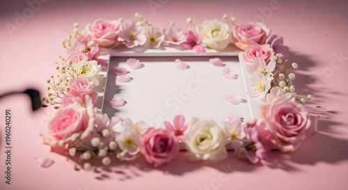 Floral frame with roses and white flowers