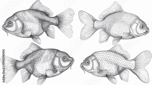 Four grayscale illustrations of goldfish, showcasing detailed fins, scales, and barbels