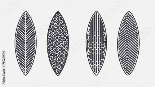 Four stylized, elongated leaf-like shapes with different geometric patterns, on a neutral background