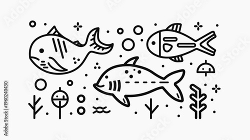 Black and white illustration featuring stylized aquatic life and decorative elements