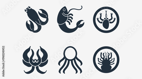 Simplified illustrations of marine life, including crustaceans and other sea creatures