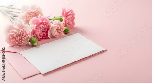 Pink carnations and blank card on pink background