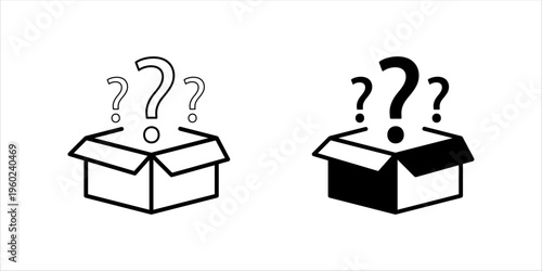 Minimal outline icon set.. of an open box with question marks representing mystery product, surprise box, unknown content, and curiosity concept.