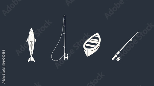 A white-outlined illustration on a dark blue background featuring fishing-related objects