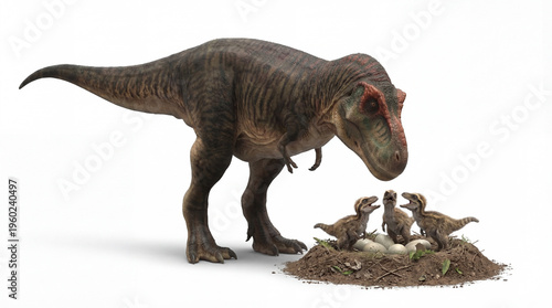Tyrannosaurus rex nest with babies isolated on white background, prehistoric dinosaur family, adult T. rex with hatchlings, detailed naturalistic pose