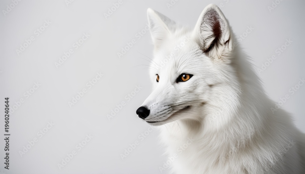 Naklejka premium Arctic Fox Portrait: A majestic arctic fox, with pristine white fur and amber eyes, gazes thoughtfully, exuding an air of quiet dignity and resilience. 