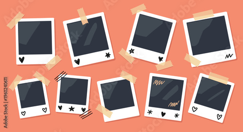 Coral pastel polaroid frames with dark photo placeholders modern style