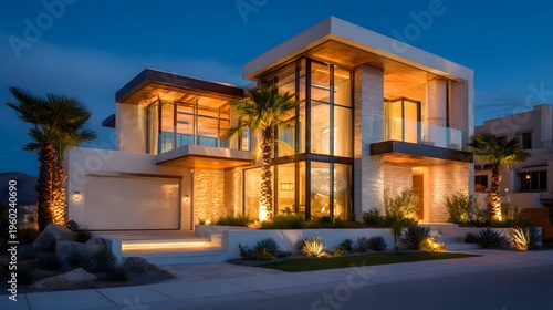 Modern Luxury Residence Illuminated at Dusk with Palm Trees.