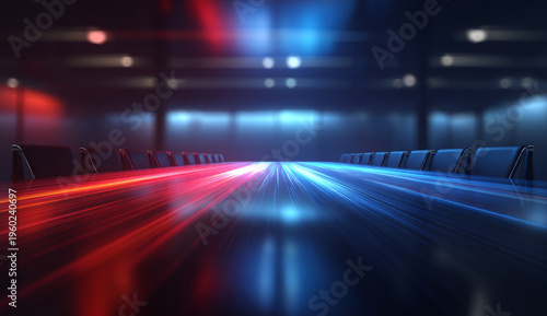 Abstract digital light streaks in red and blue colors flowing across a modern conference room table with chairs, futuristic visual effect
