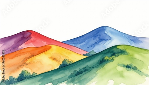 Colorful Hills: A whimsical painting captures rolling hills awash in a vibrant array of colors, evoking a sense of tranquility and artistic expression.