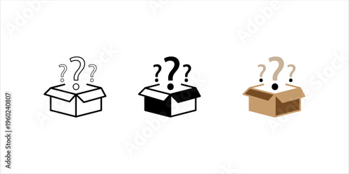 Minimal outline icon set.. of an open box with question marks representing mystery product, surprise box, unknown content, and curiosity concept.