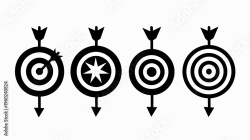 Four black archery target illustrations with arrows, aiming at a bullseye and different styles
