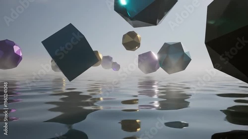 Floating geometric shapes above reflective water in a surreal landscape
