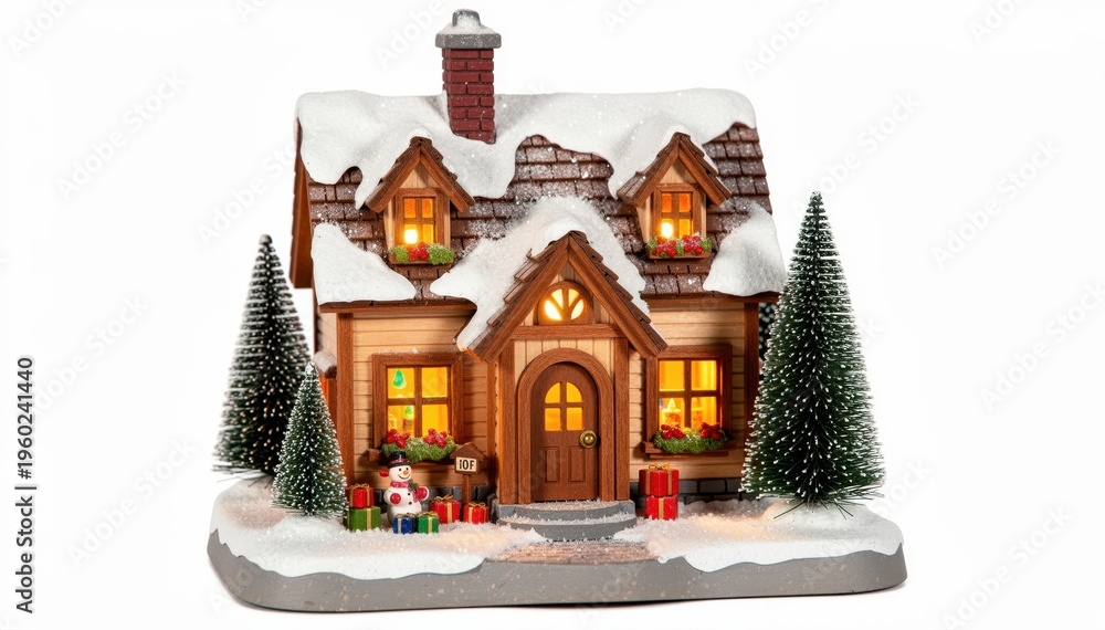 Fototapeta premium Cozy Winter Lodge: A charming miniature lodge, adorned with snow and twinkling lights, evokes the warmth and magic of a winter holiday season. 
