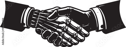 Vintage handshake between human and robot, retro futuristic cyborg partnership, ai technology business agreement vector