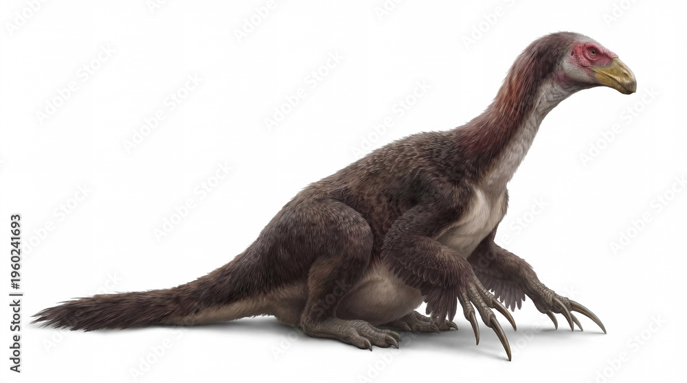 Obraz premium Therizinosaurus cheloniformis adult male resting isolated on white background, prehistoric dinosaur in relaxed pose, detailed naturalistic view of Therizinosaurus