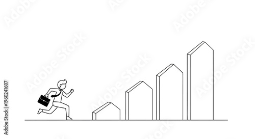 Businessman running to city skyscrapers.