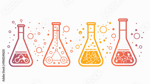 A scientific illustration with four stylized flasks, gradient colored and containing molecular structures