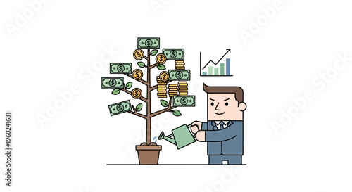 Businessman watering money tree plant.