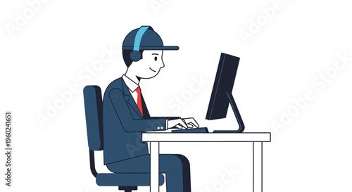 Businessman wearing headset at desk.