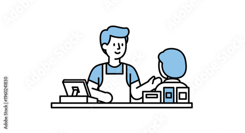 Man wearing apron serving customer.