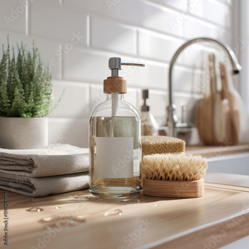 Sustainable kitchen dishwashing setup with compostable sponge and reusable glass soap dispenser