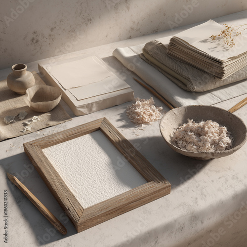 Recycled paper craft workspace with handmade sheets drying, sustainable DIY recycling concept