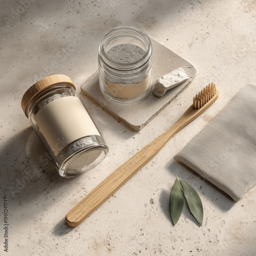 Bamboo toothbrush and zero waste bathroom essentials on light stone surface, sustainable hygiene concept