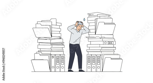 Overwhelmed businessman with stacks paperwork.