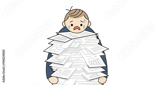 Overwhelmed business man with paperwork stress.