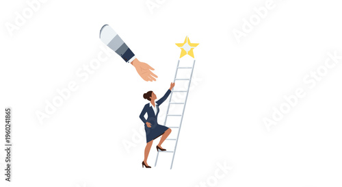 Businesswoman climbs ladder towards star receiving help from outstretched hand