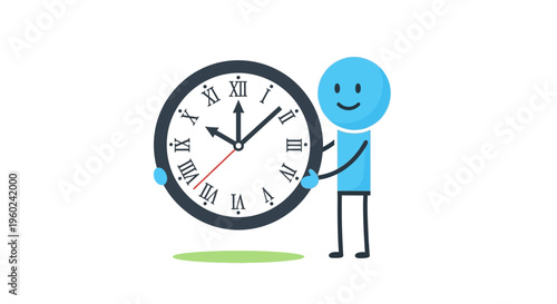 Smiling cartoon character holding clock face.