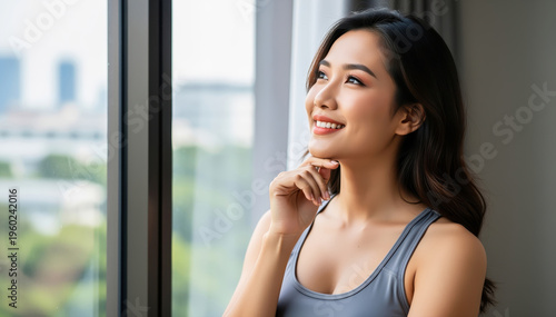 Daydreaming by the Window: A serene young woman, lost in thought, gazes out of a window, bathed in soft light, a picture of contemplation. Free Download Daydreaming by the Window: A serene young woman, lost in thought, gazes out of a window, bathed in soft light, a picture of contemplation. - GFXLoad
