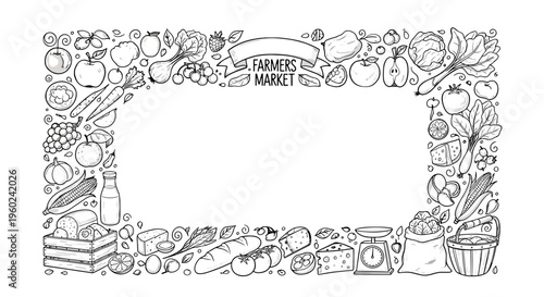 Whimsical hand drawn farmers market frame with fresh produce and baked goods border