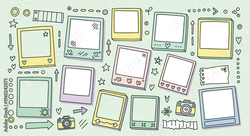 Pastel polaroid frames with colorful borders and playful icon decorations