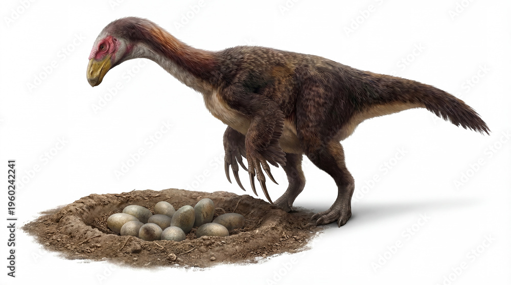 Obraz premium Title: Therizinosaurus cheloniformis nest with eggs isolated on white background, prehistoric dinosaur nesting scene, detailed view of eggs and adult Therizinosaurus, naturalistic pose