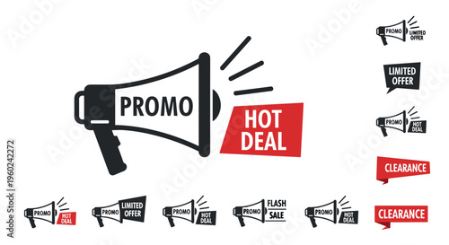 Megaphone announcing promo and hot deal with surrounding sale icons and banners