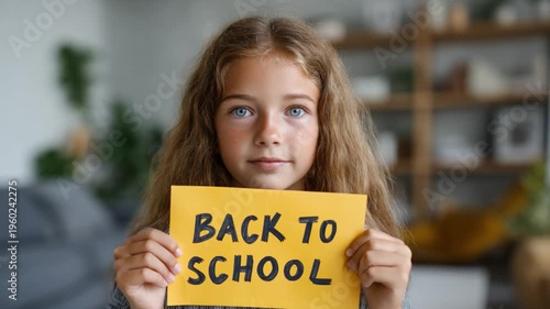 Eager Back to School: A young girl's eager anticipation for the new school year is captured as she holds a sign, with bright eyes and a hopeful smile, ready to embark on another educational journey.